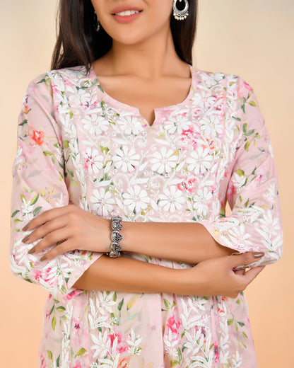 Chikankari Long Kurta in Muslin Cotton for Women- Pink Print