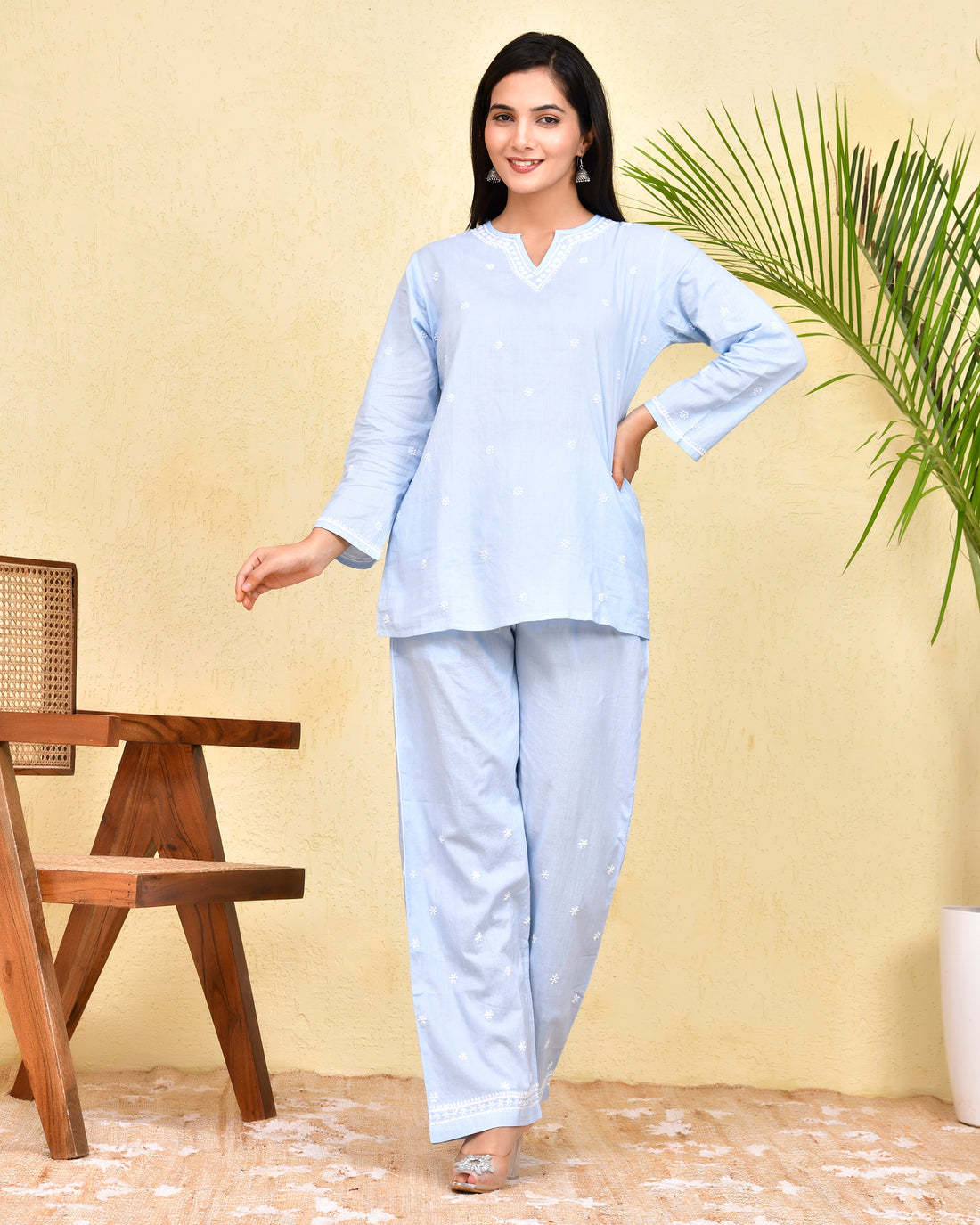 Chikankari CO-ORD Set In for Women In - Light Blue