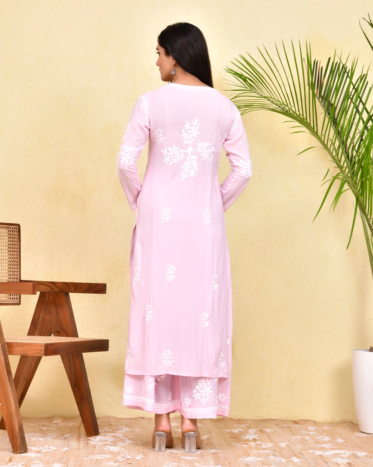 Chikankari Long Kurta Set In Modal Cotton for Women- Pink