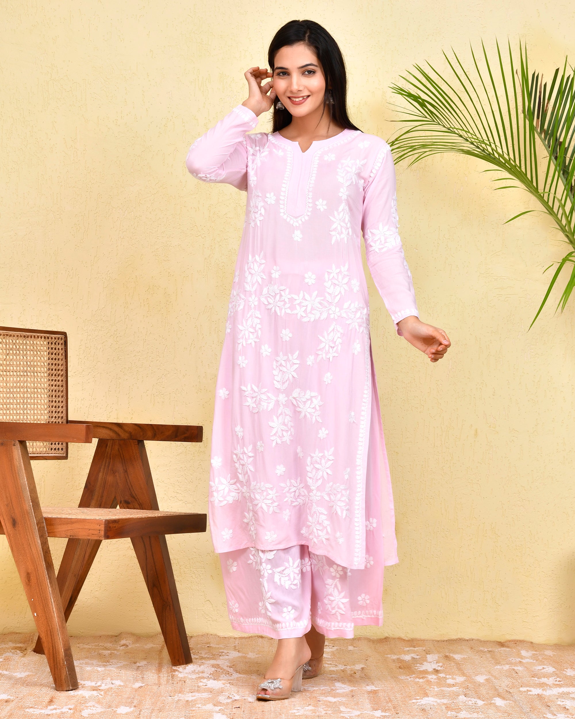 Chikankari Long Kurta Set In Modal Cotton for Women- Pink