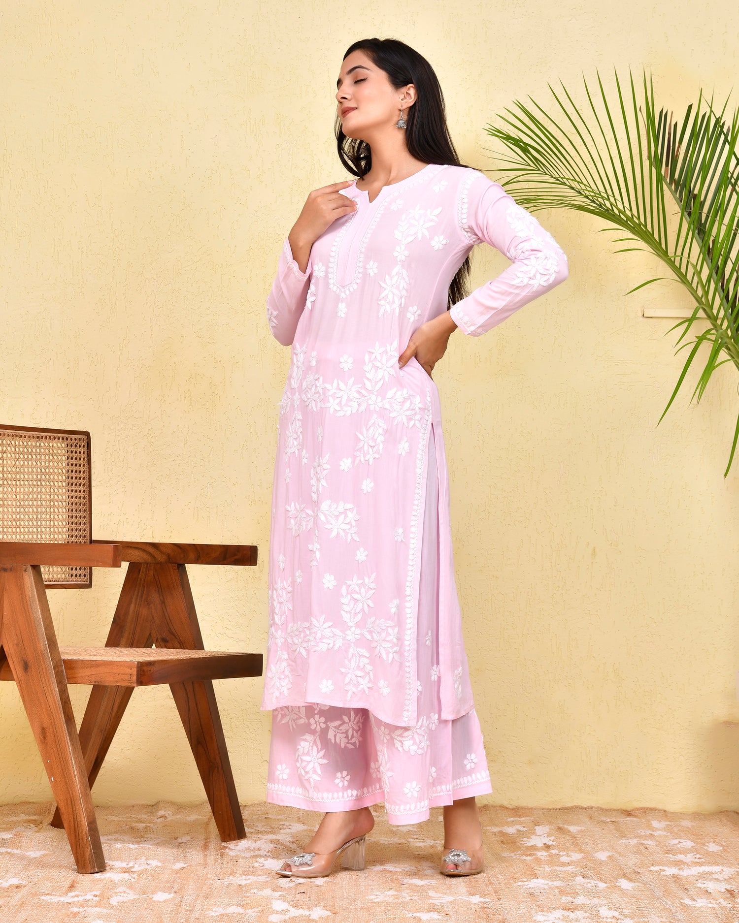 Chikankari Long Kurta Set In Modal Cotton for Women- Pink