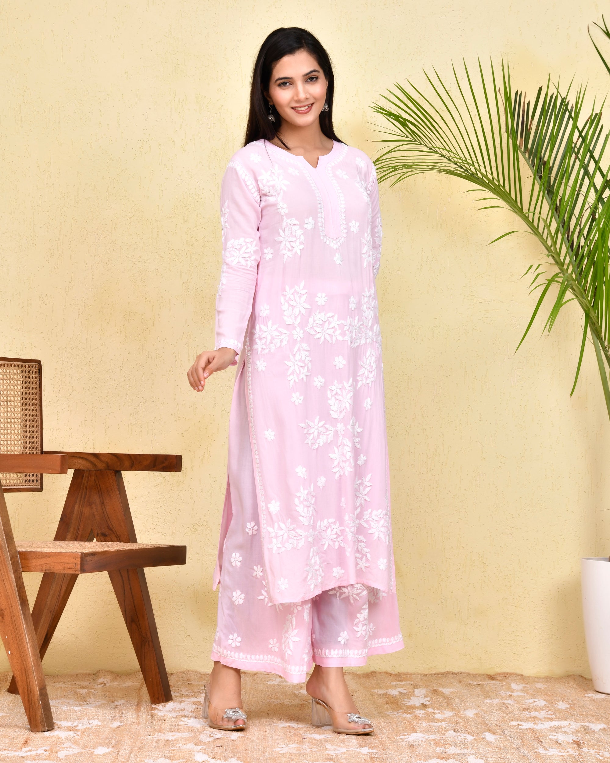 Chikankari Long Kurta Set In Modal Cotton for Women- Pink