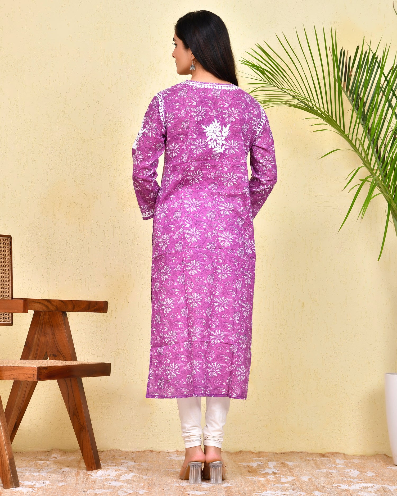 Mul Printed Hand Embroidery Chikankari Kurta- Purple