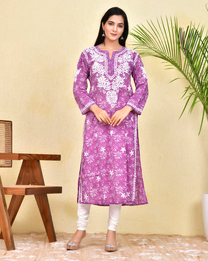 Mul Printed Hand Embroidery Chikankari Kurta- Purple