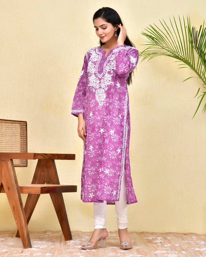 Mul Printed Hand Embroidery Chikankari Kurta- Purple