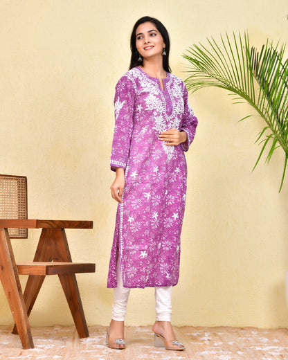 Mul Printed Hand Embroidery Chikankari Kurta- Purple