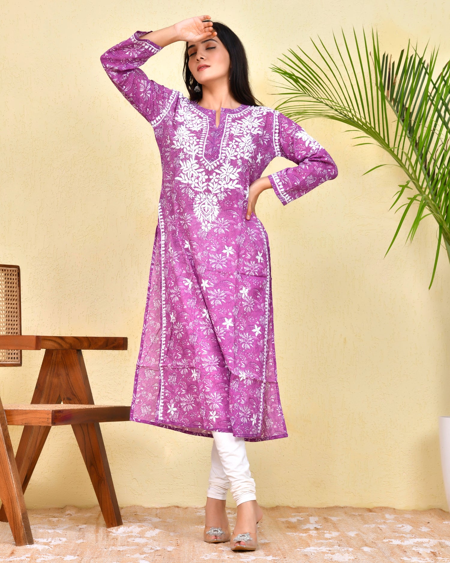 Mul Printed Hand Embroidery Chikankari Kurta- Purple