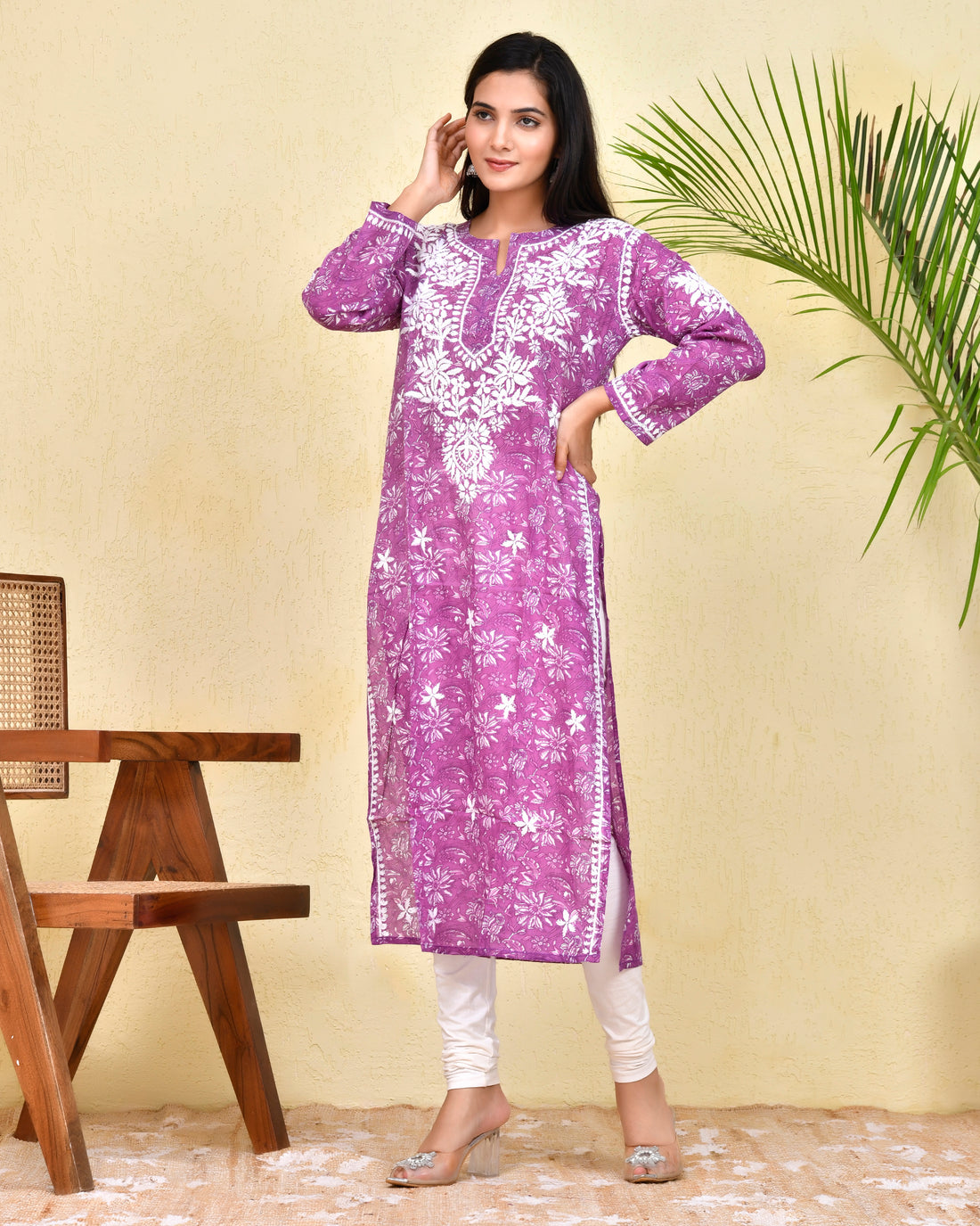 Mul Printed Hand Embroidery Chikankari Kurta- Purple