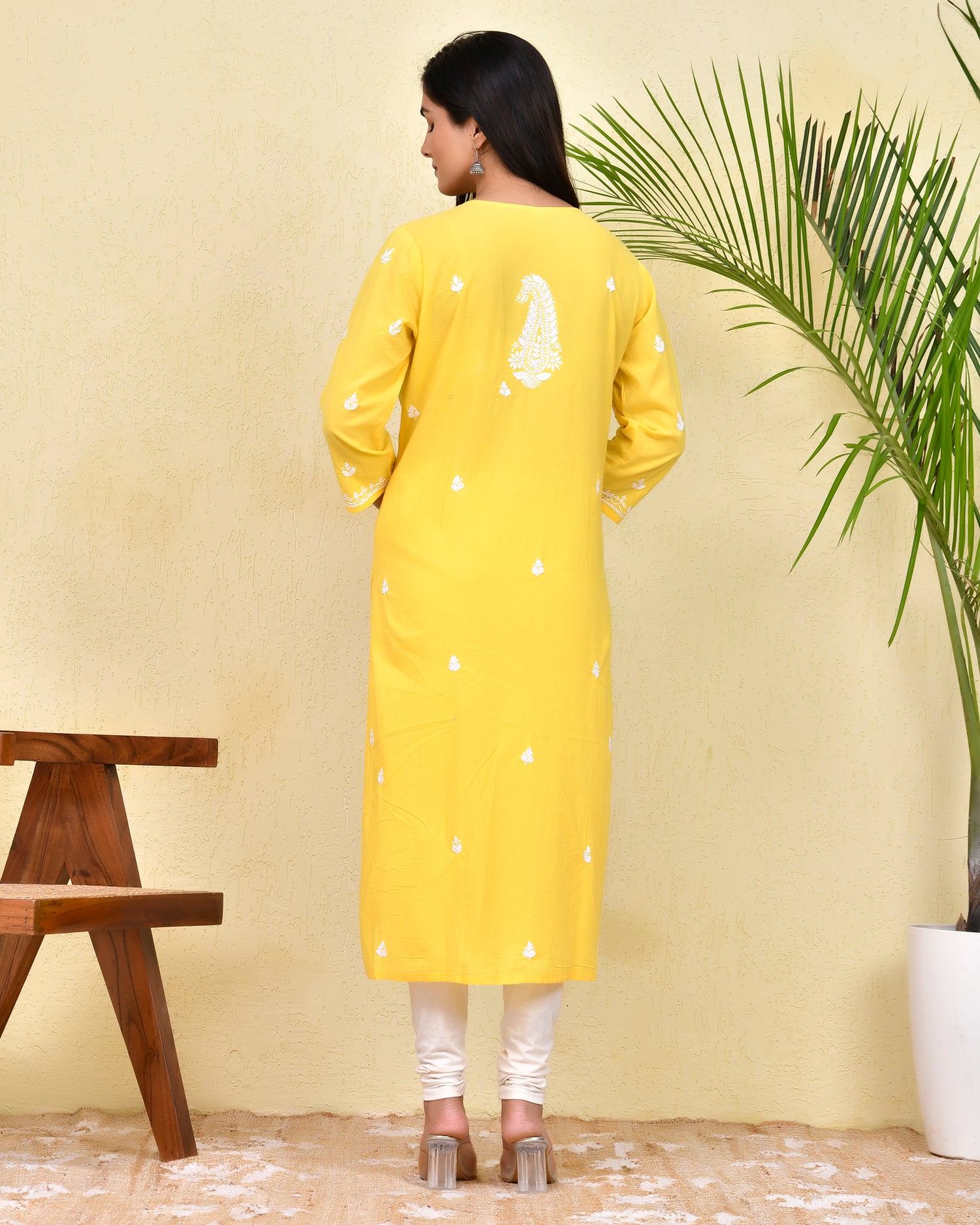 Hand Embroidery Chikankari Long Kurti for Women - Yellow