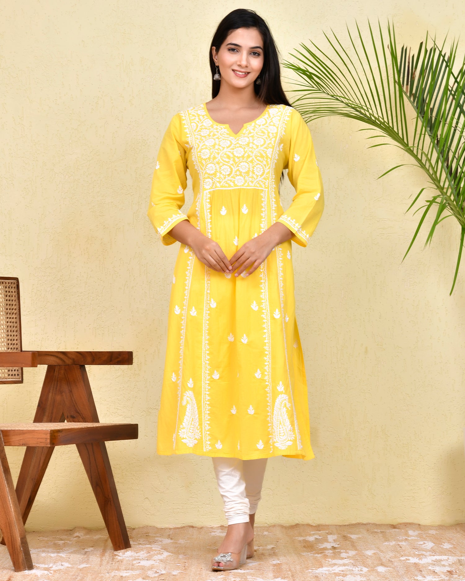 Hand Embroidery Chikankari Long Kurti for Women - Yellow