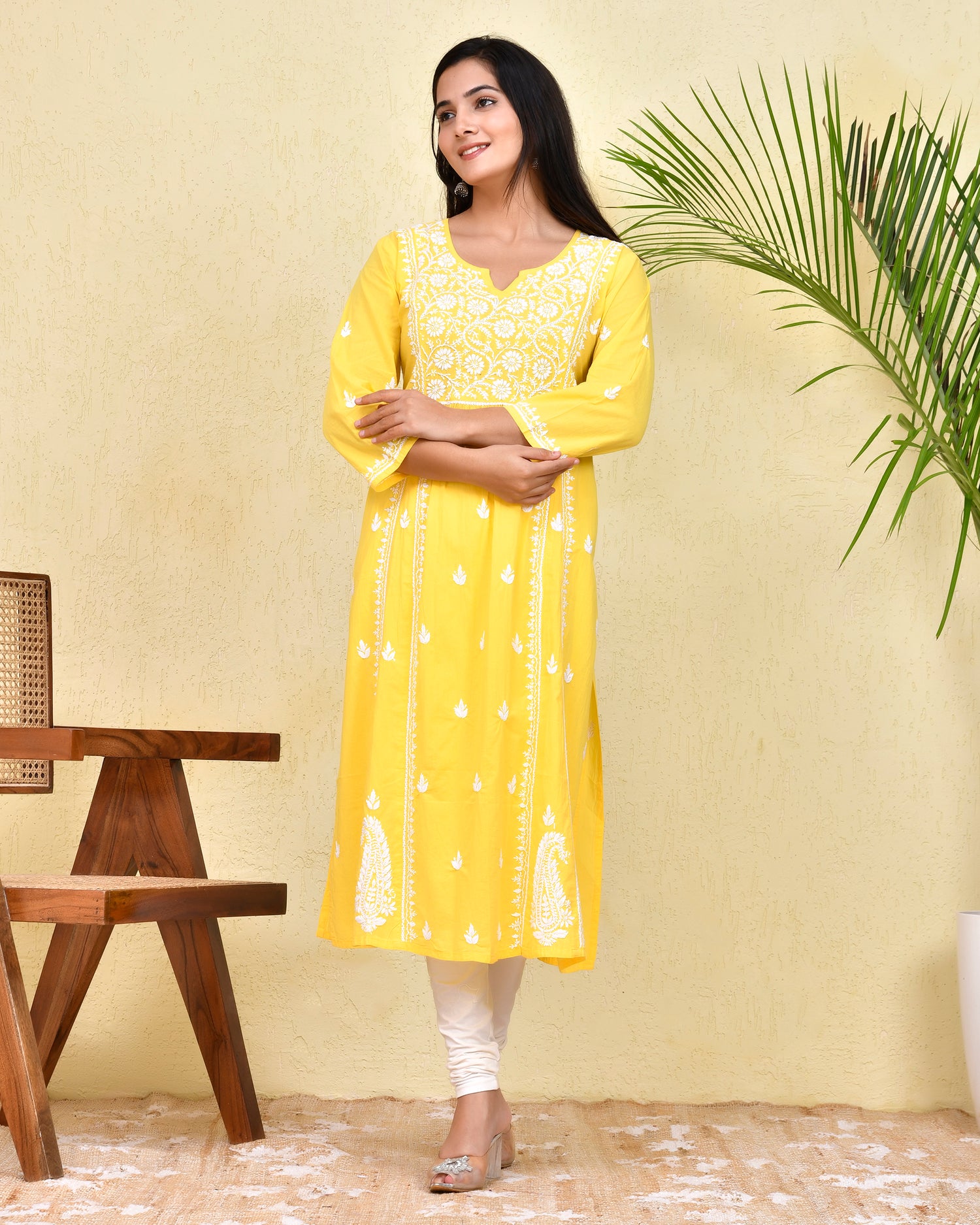 Hand Embroidery Chikankari Long Kurti for Women - Yellow