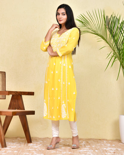 Hand Embroidery Chikankari Long Kurti for Women - Yellow