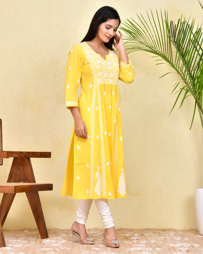 Hand Embroidery Chikankari Long Kurti for Women - Yellow