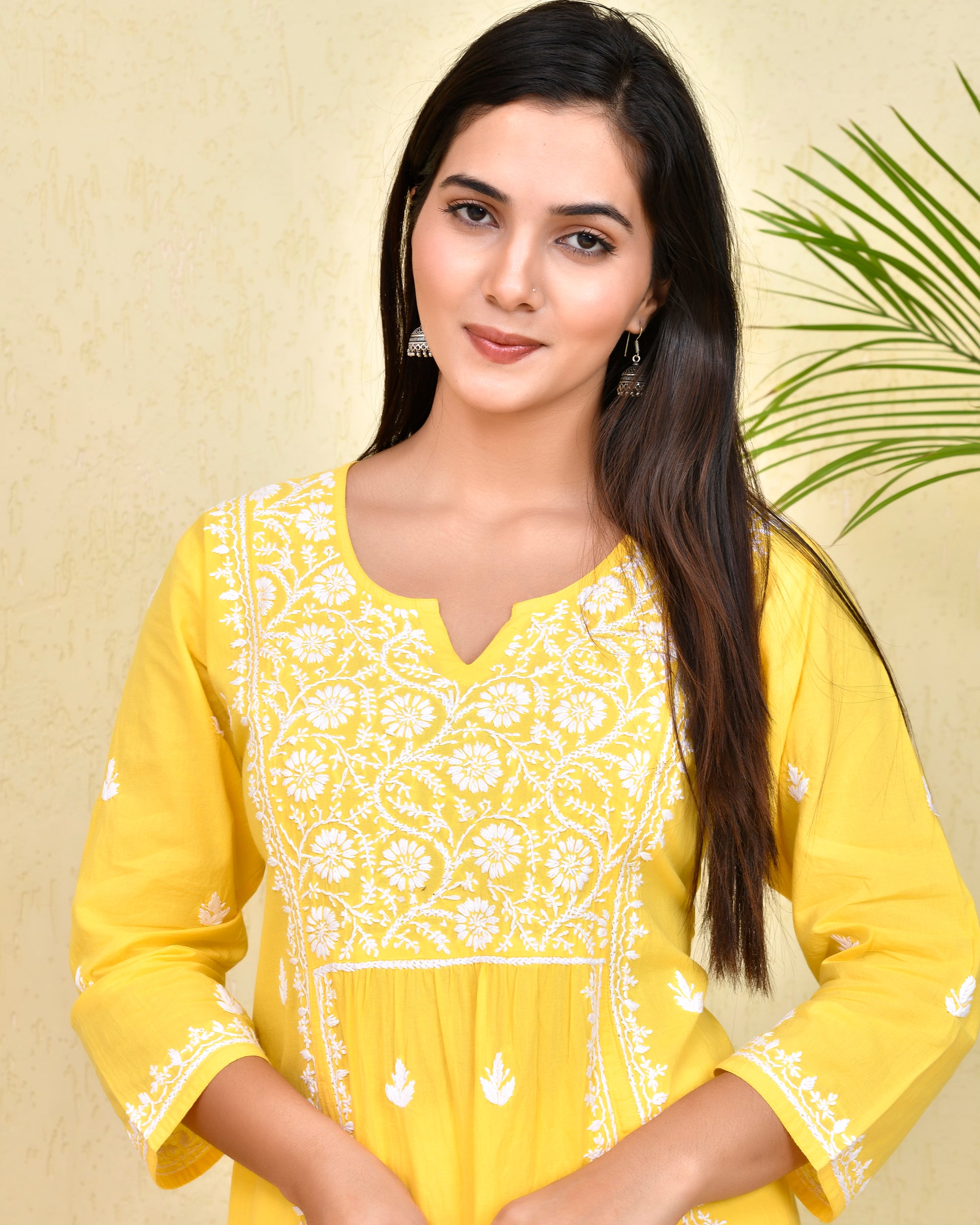 Hand Embroidery Chikankari Long Kurti for Women - Yellow