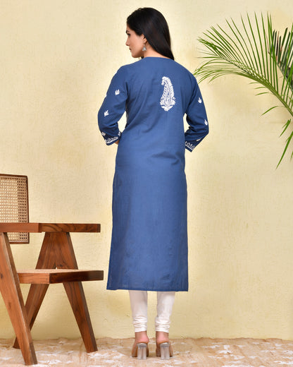 Hand Embroidery Chikankari Long Kurti for Women - Blue