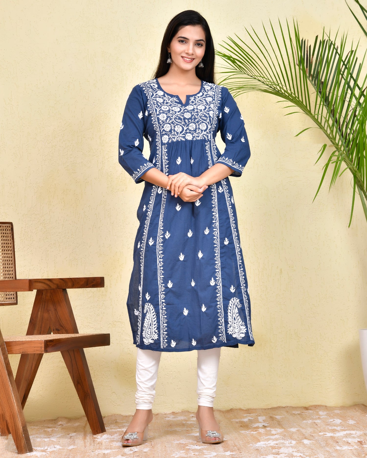 Hand Embroidery Chikankari Long Kurti for Women - Blue