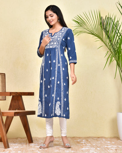 Hand Embroidery Chikankari Long Kurti for Women - Blue