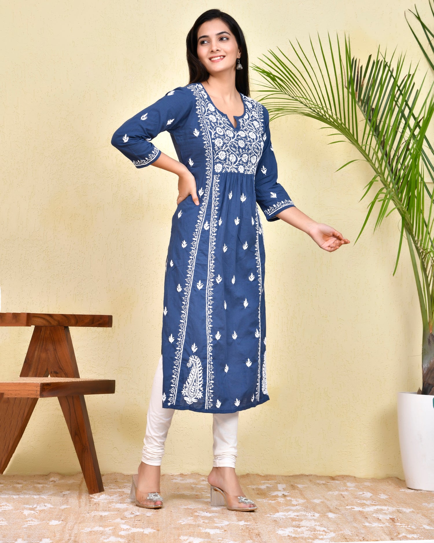 Hand Embroidery Chikankari Long Kurti for Women - Blue