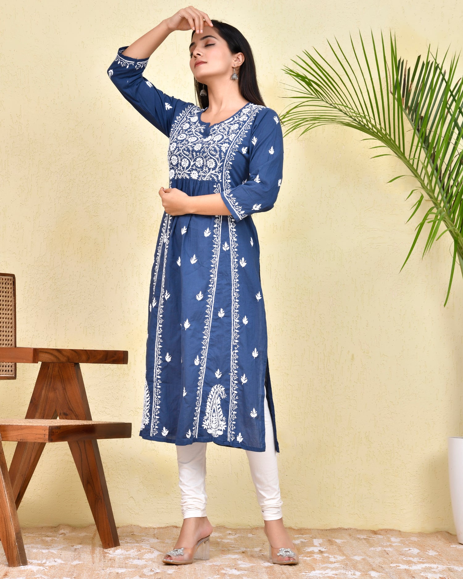 Hand Embroidery Chikankari Long Kurti for Women - Blue