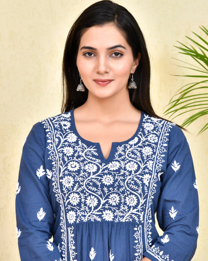 Hand Embroidery Chikankari Long Kurti for Women - Blue