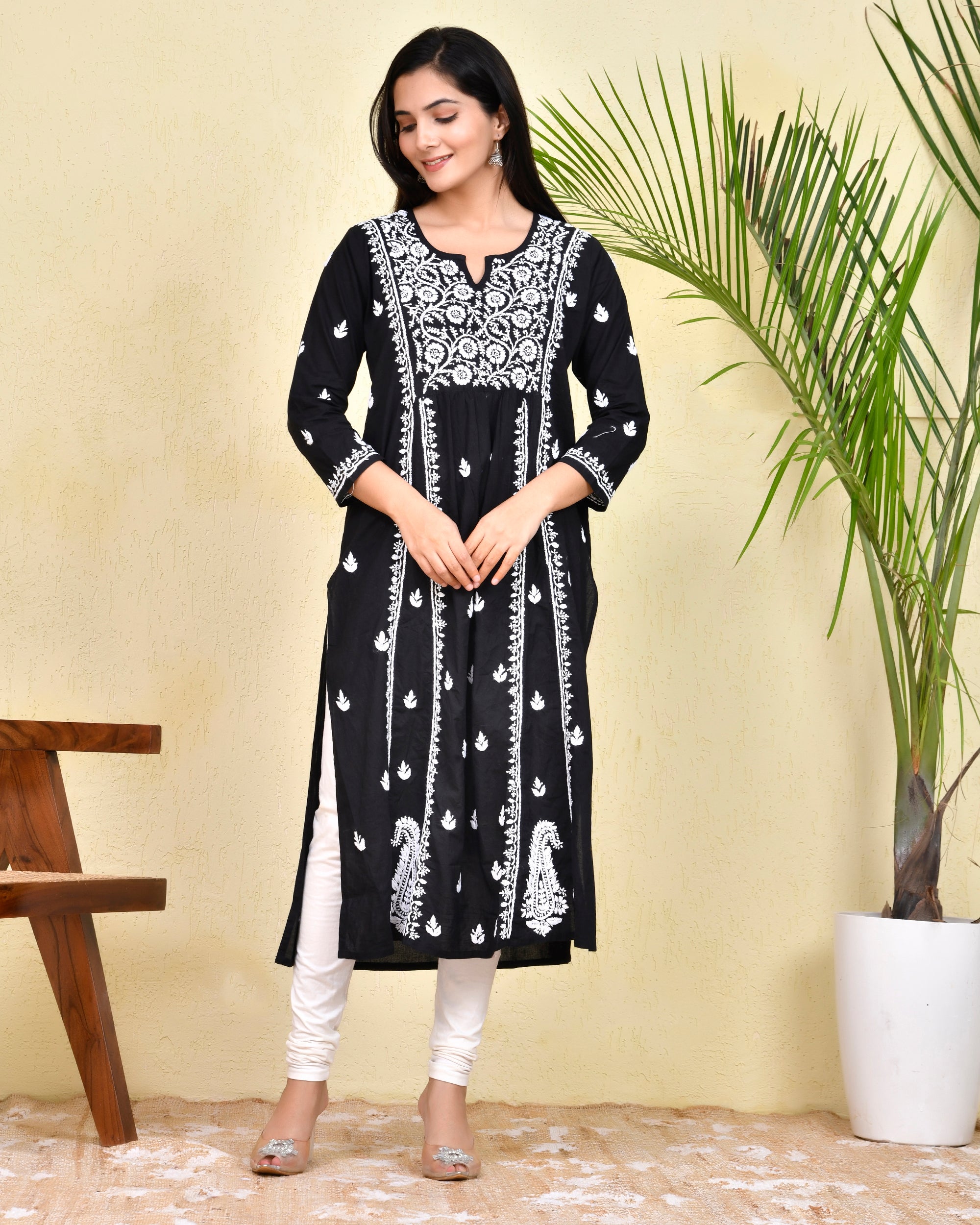 Hand Embroidery Chikankari Long Kurti for Women - Black