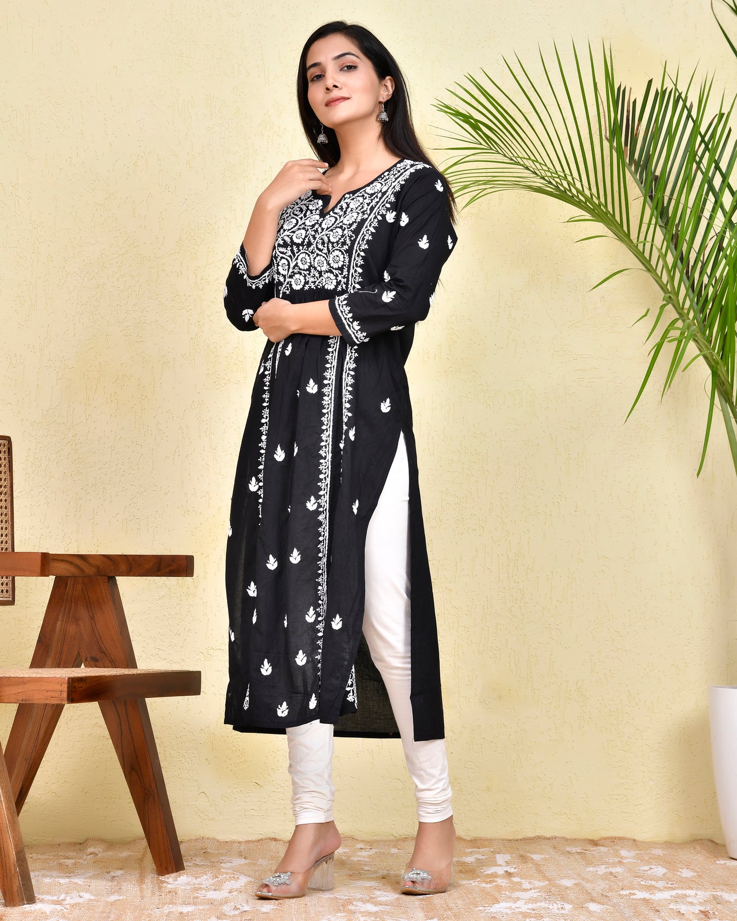 Hand Embroidery Chikankari Long Kurti for Women - Black