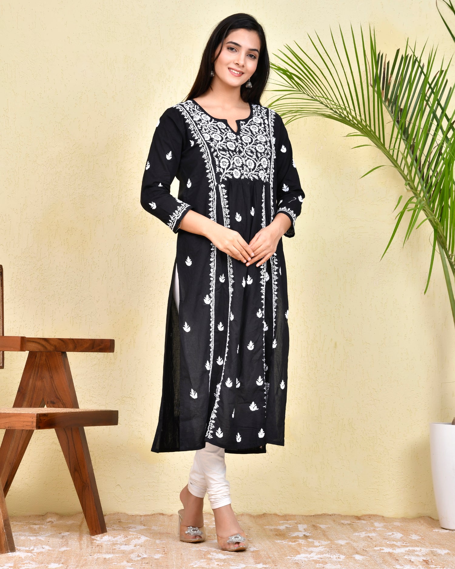 Hand Embroidery Chikankari Long Kurti for Women - Black