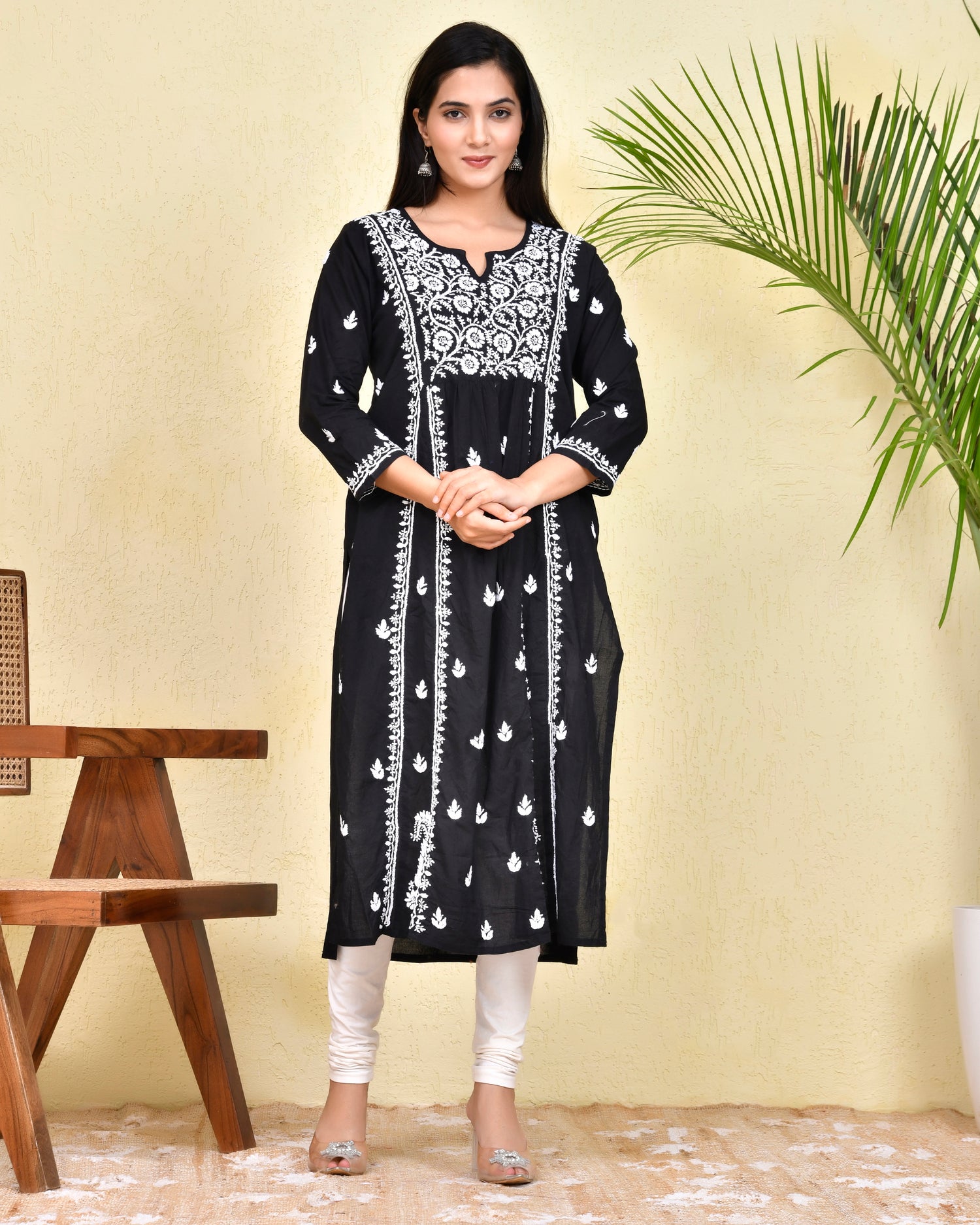 Hand Embroidery Chikankari Long Kurti for Women - Black