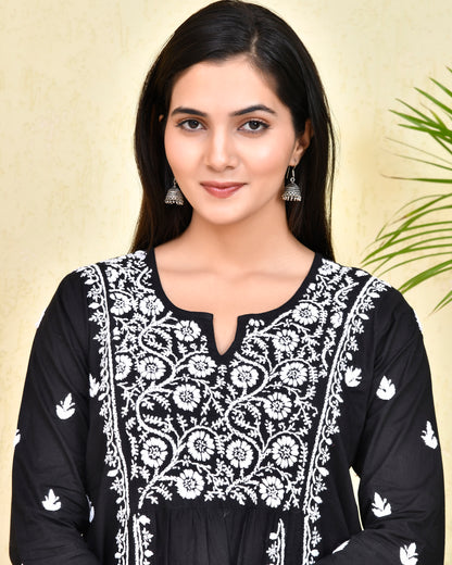 Hand Embroidery Chikankari Long Kurti for Women - Black