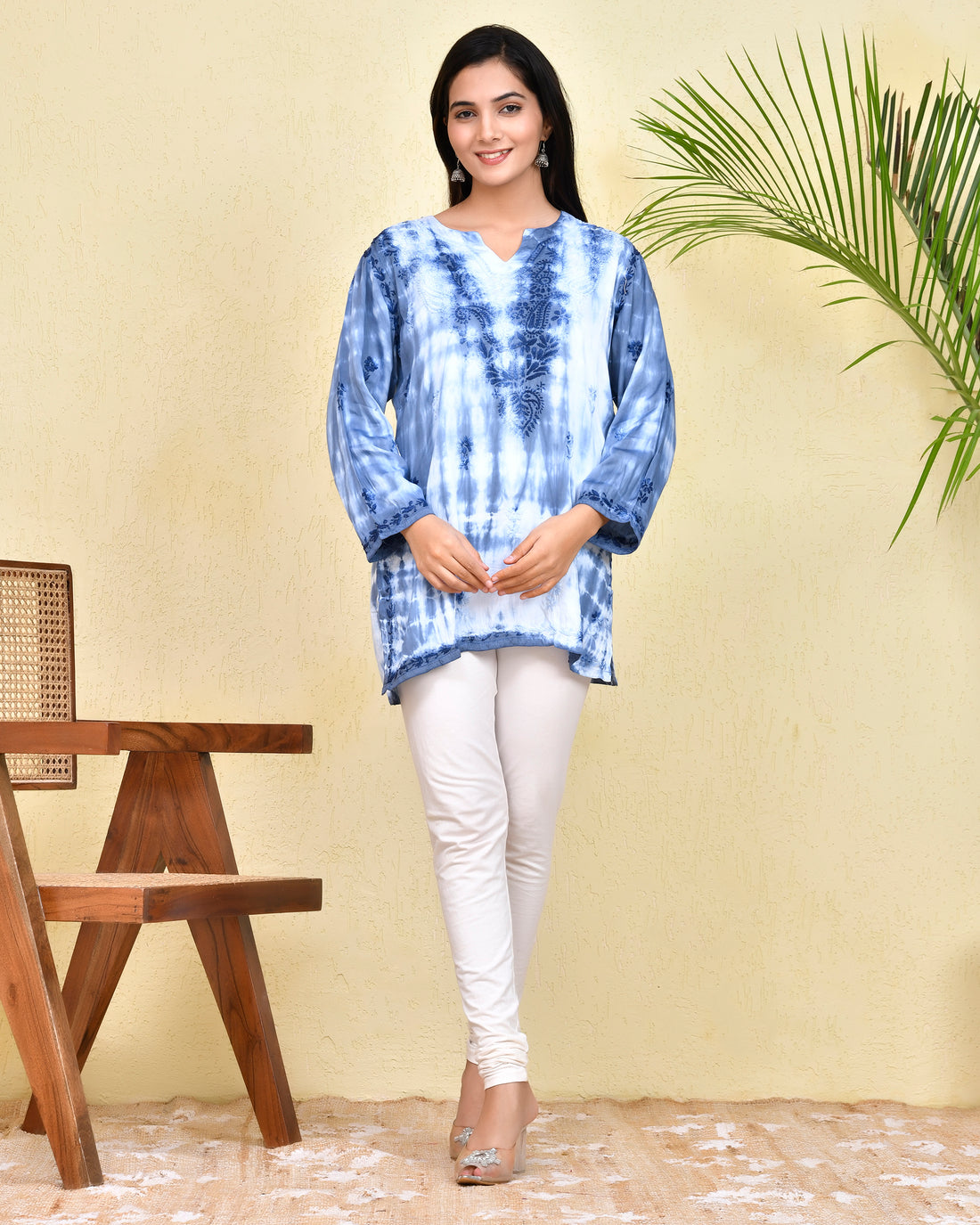 Chikankari Short Kurta in Modal cotton - Blue