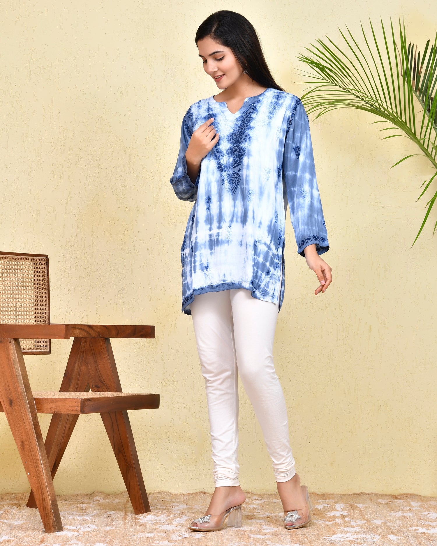 Chikankari Short Kurta in Modal cotton - Blue