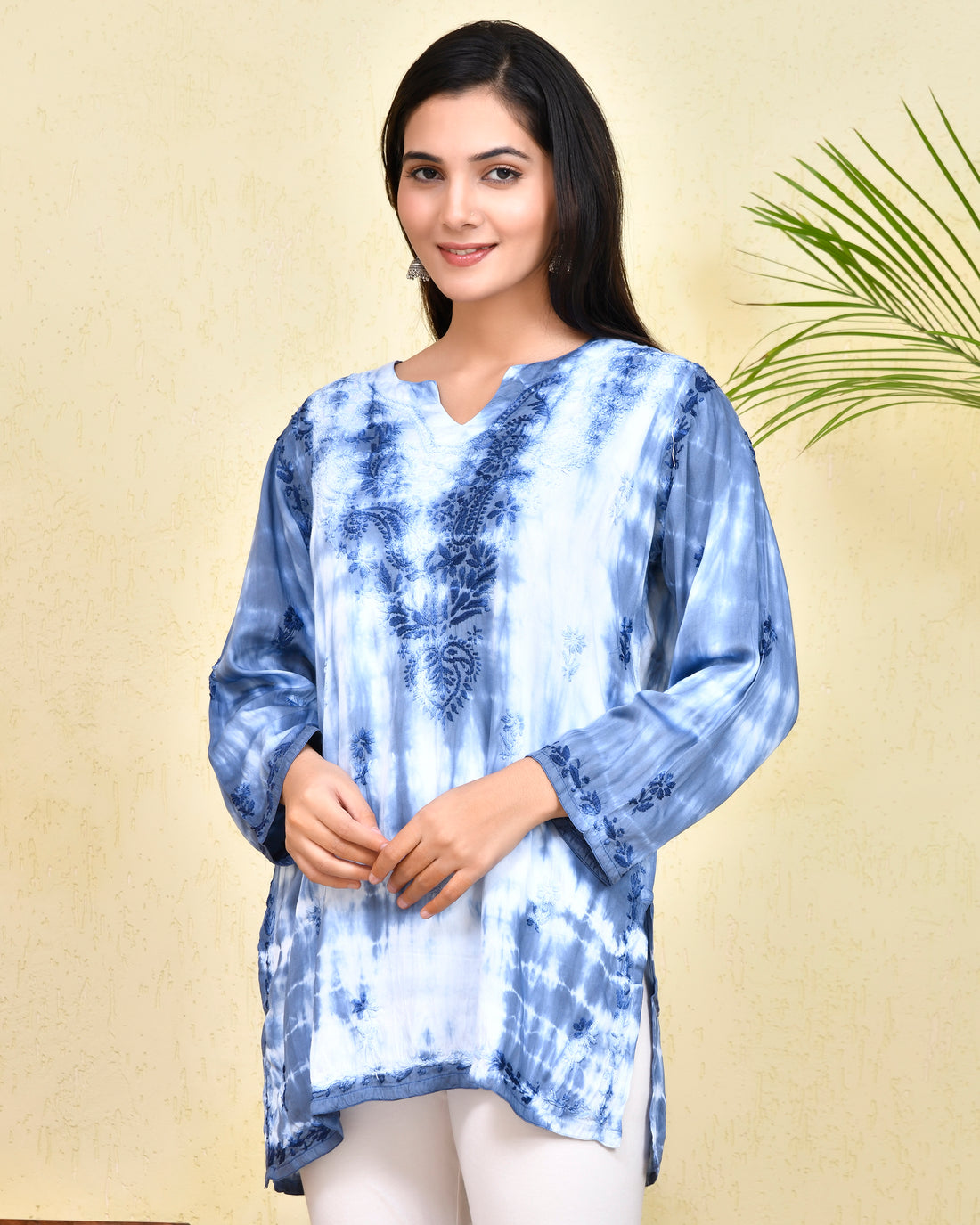 Chikankari Short Kurta in Modal cotton - Blue