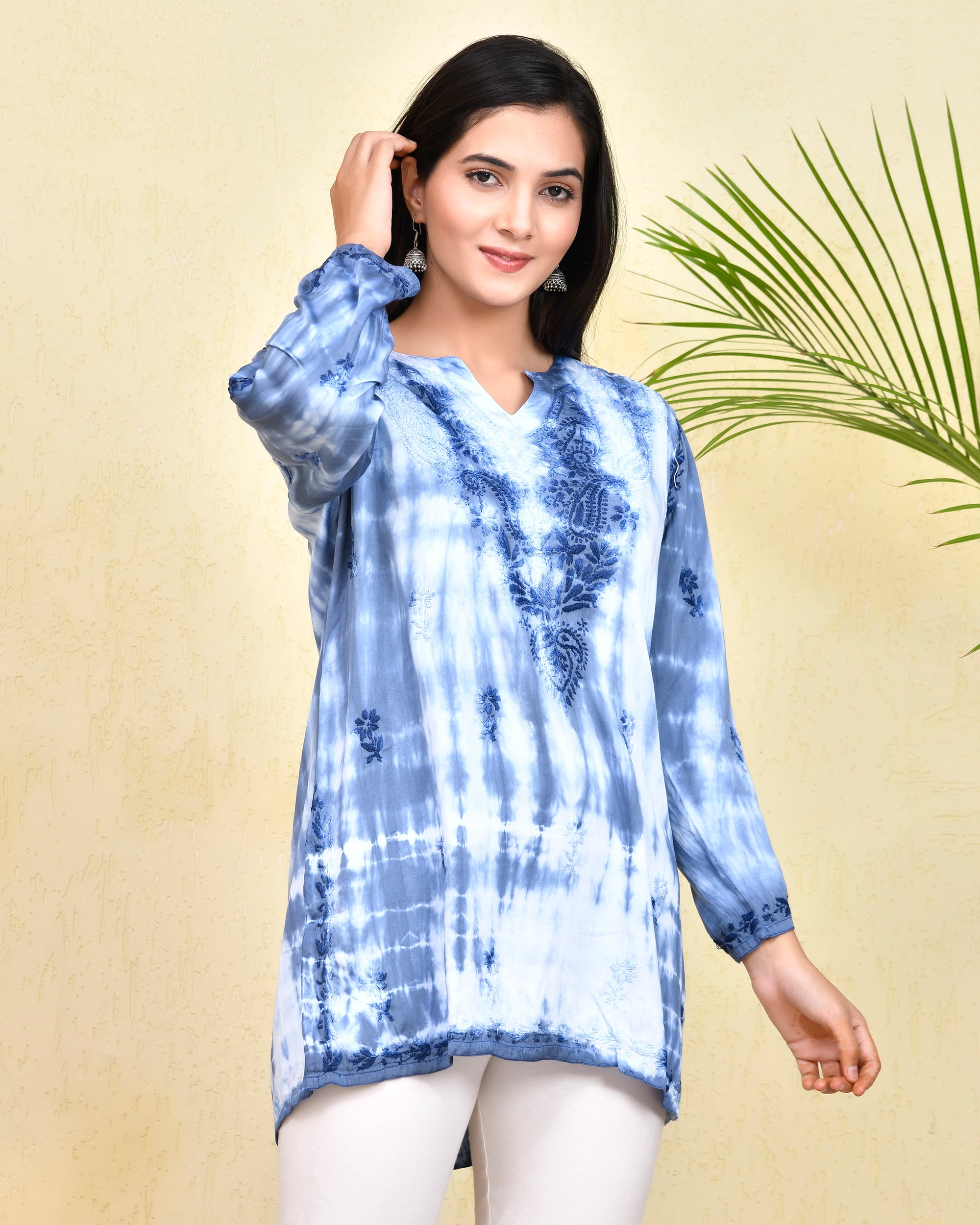 Chikankari Short Kurta in Modal cotton - Blue