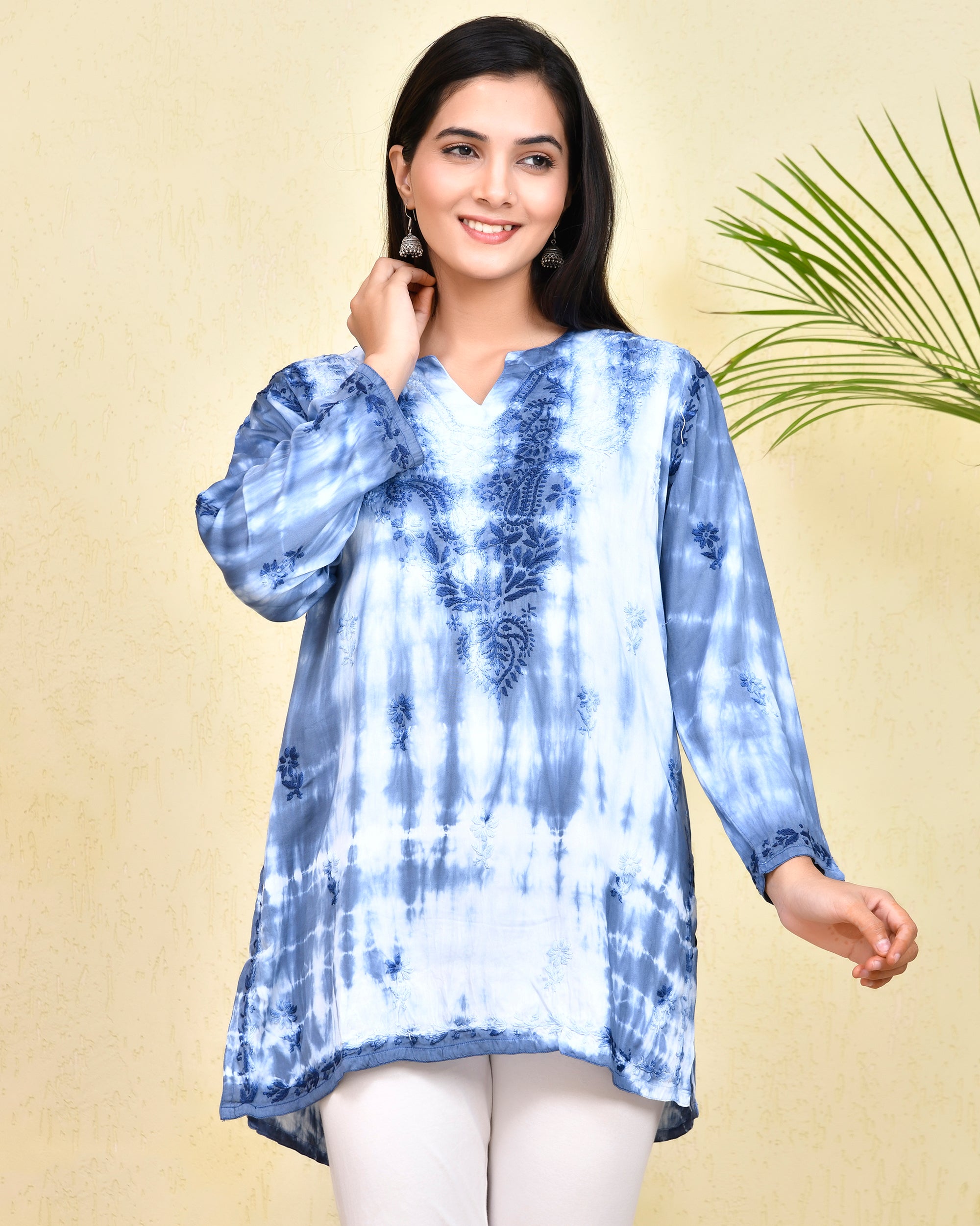 Chikankari Short Kurta in Modal cotton - Blue