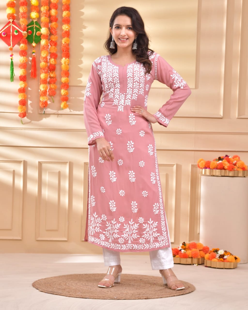 Hand Embroidery Chikankari Kurta Modal Cotton - Pink