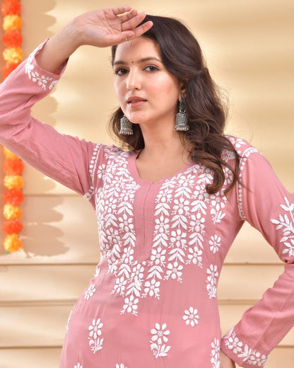 Hand Embroidery Chikankari Kurta Modal Cotton - Pink