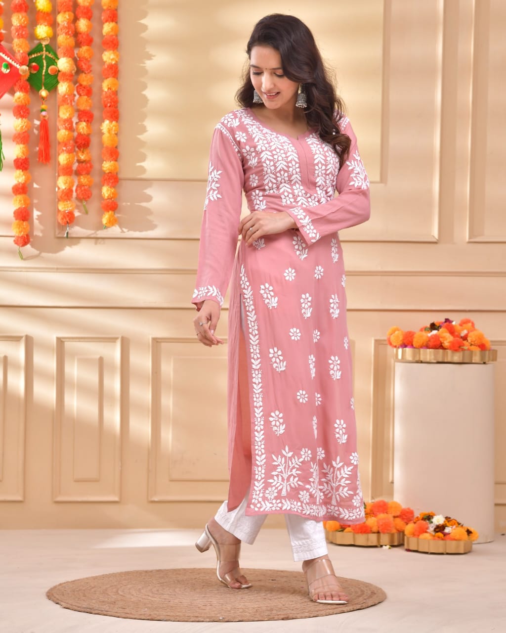 Hand Embroidery Chikankari Kurta Modal Cotton - Pink