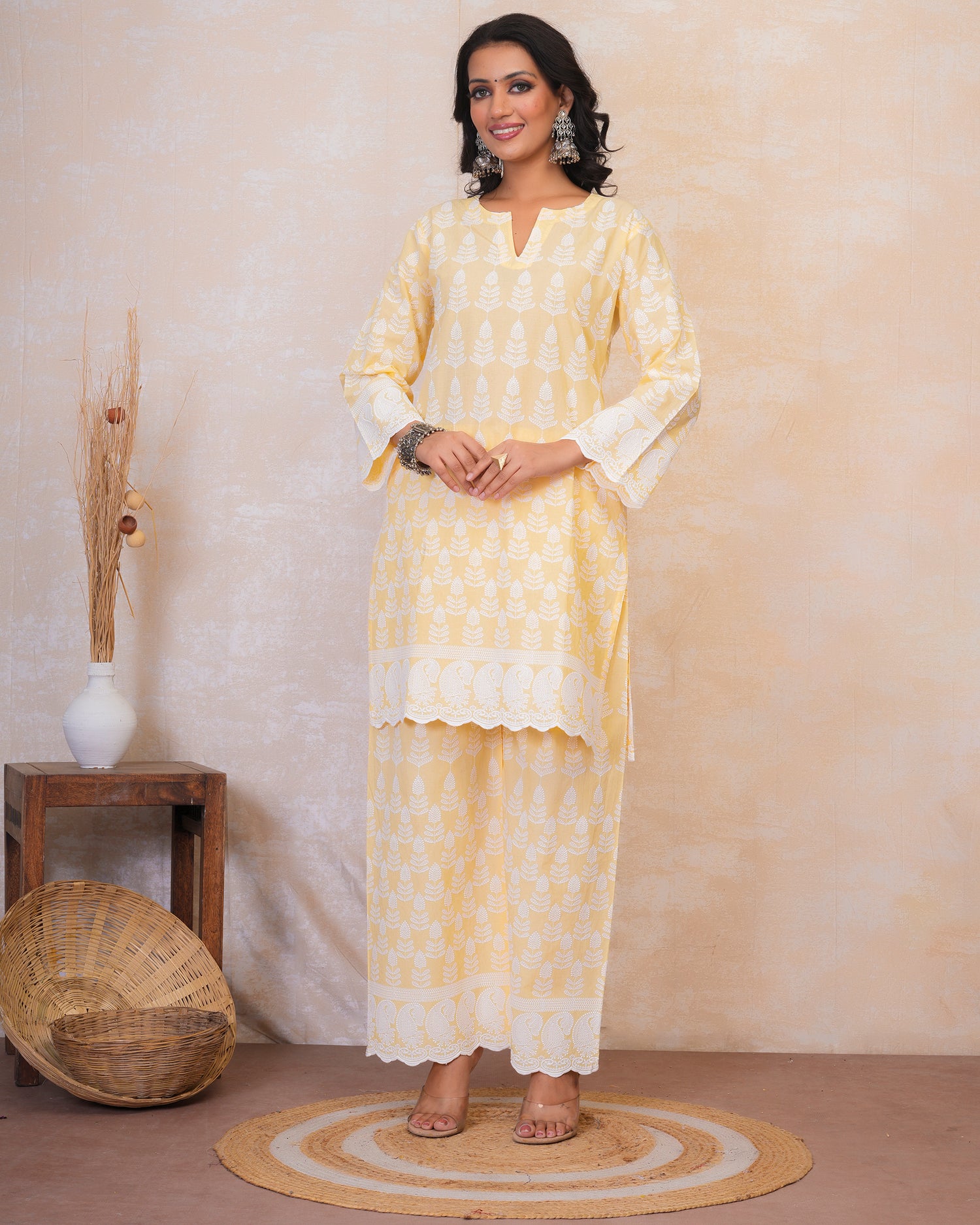 Chikankari Kurta Set in Rayon - Yellow