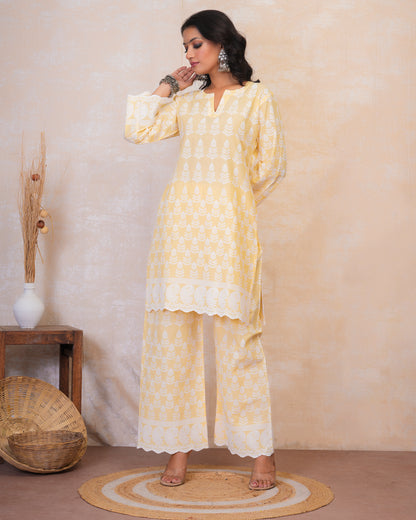 Chikankari Kurta Set in Rayon - Yellow