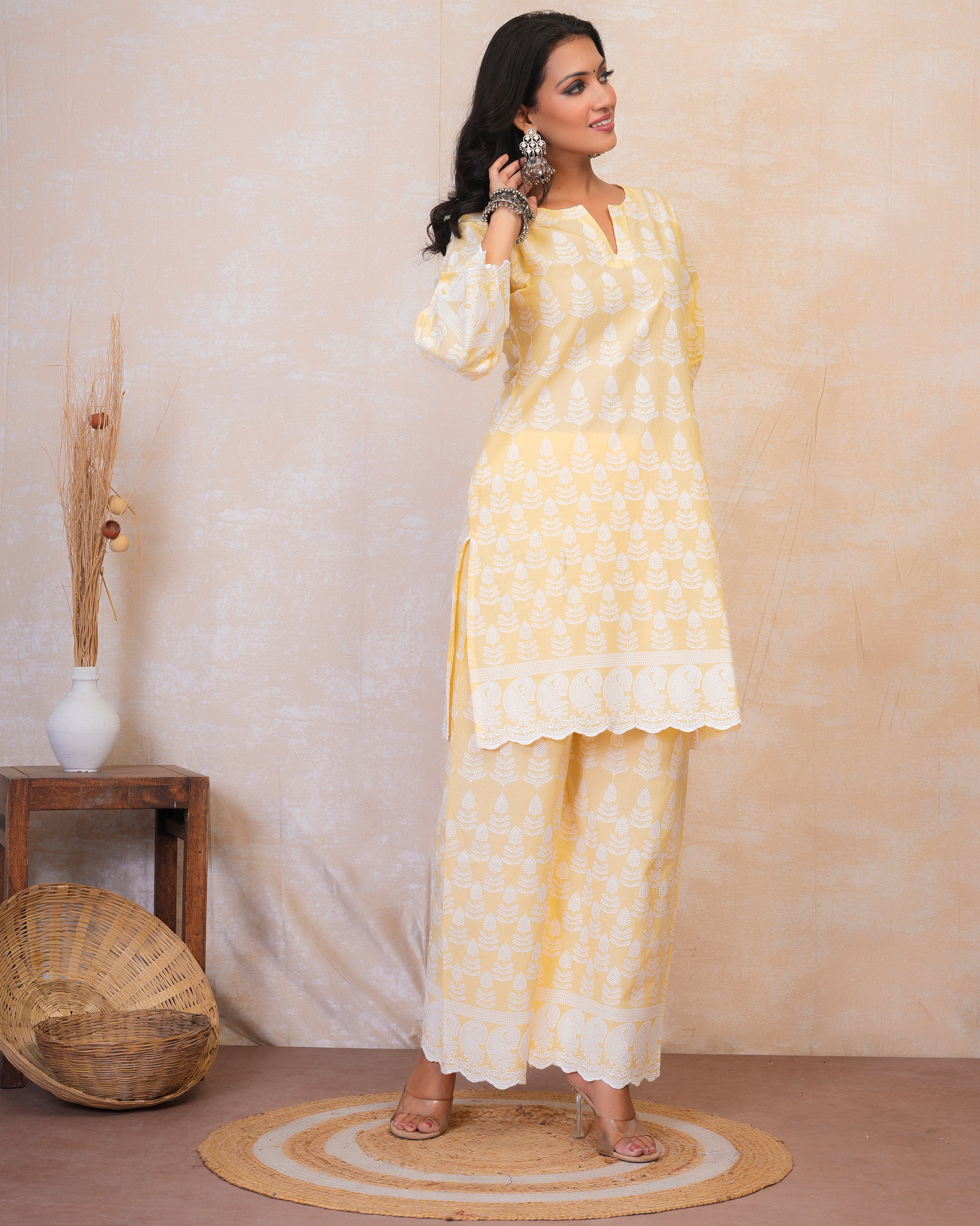 Chikankari Kurta Set in Rayon - Yellow