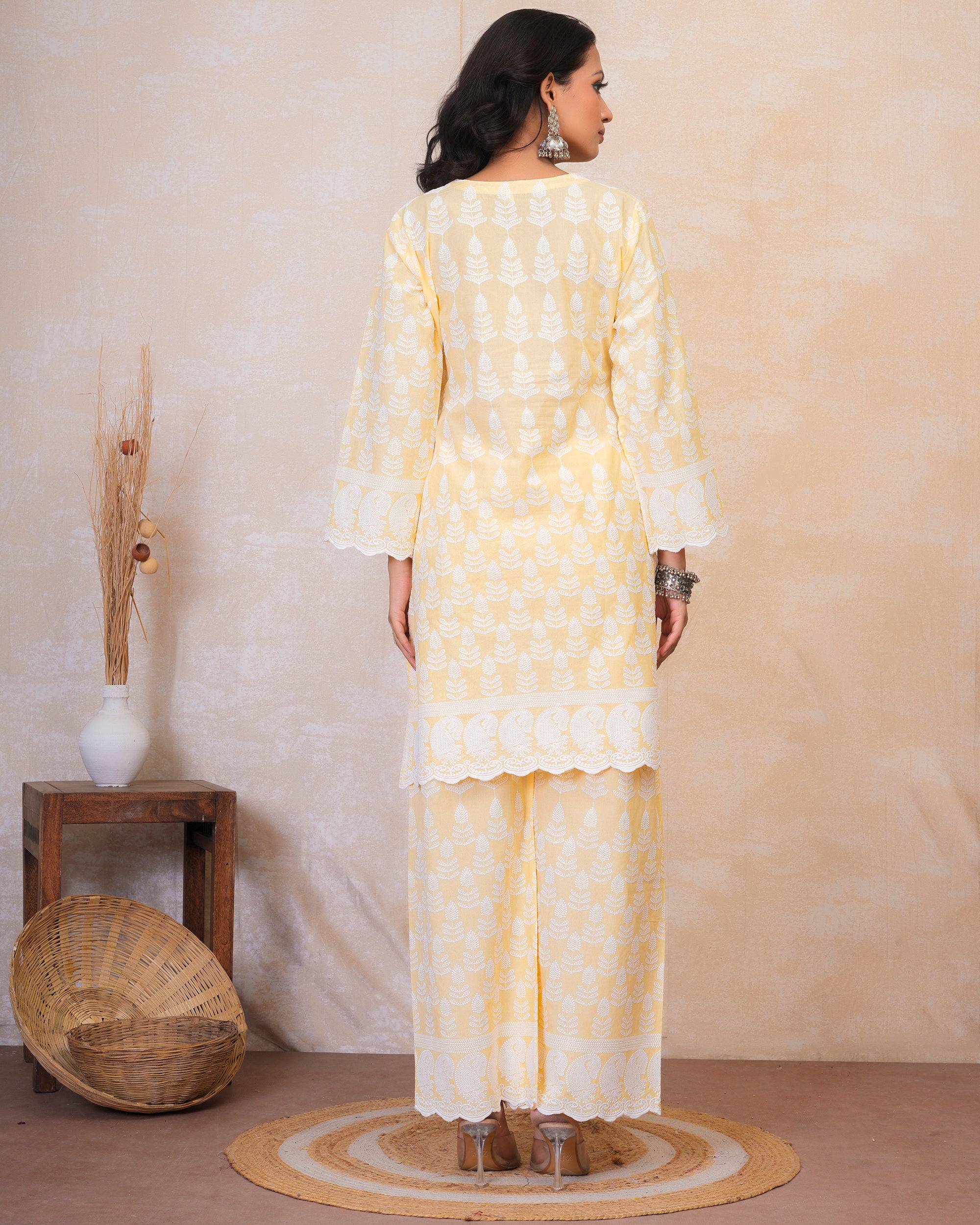 Chikankari Kurta Set in Rayon - Yellow