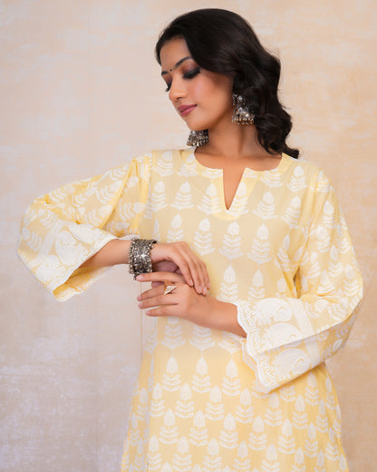 Chikankari Kurta Set in Rayon - Yellow