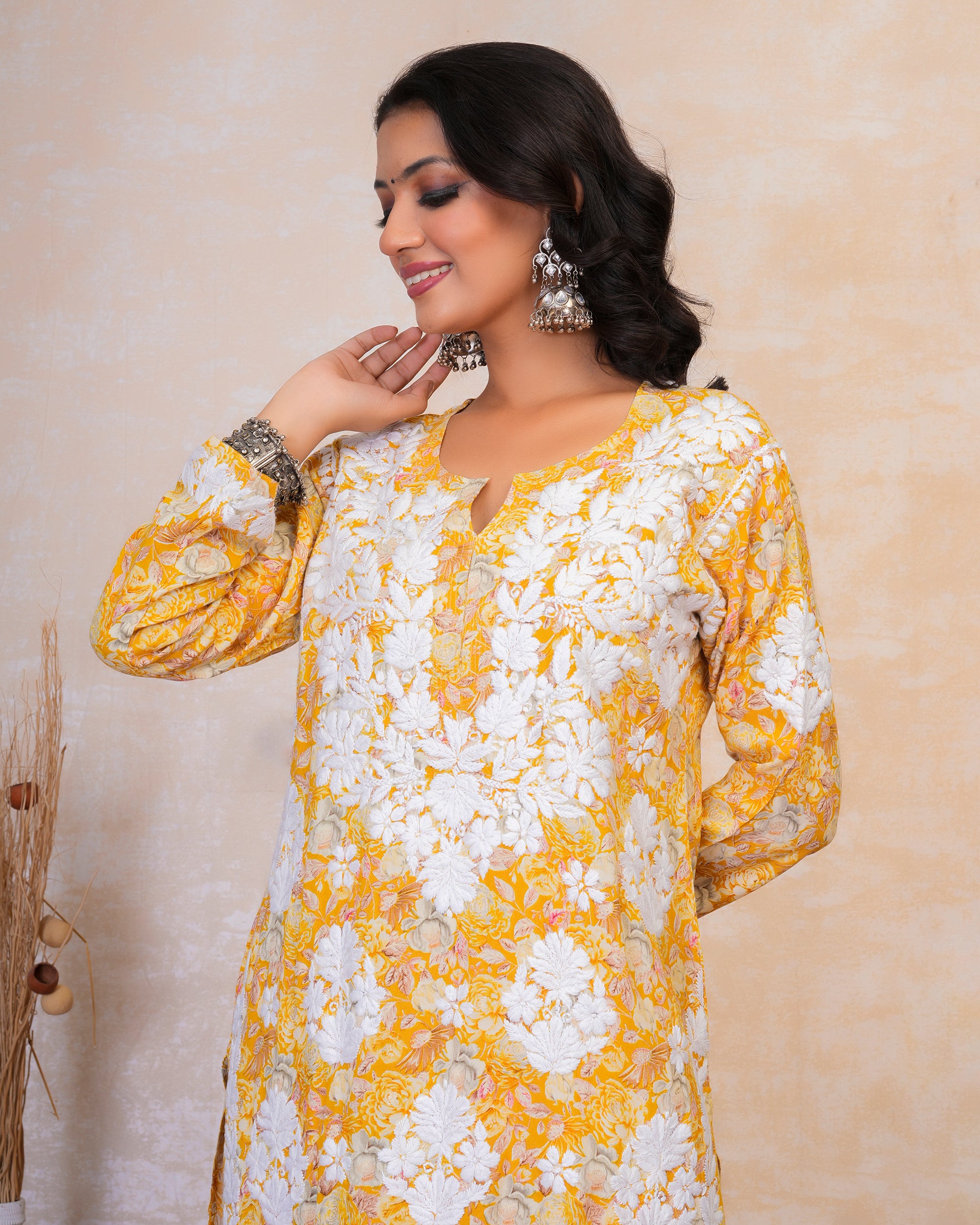 Chikankari Kurta Set in Rayon Cotton - Mustard