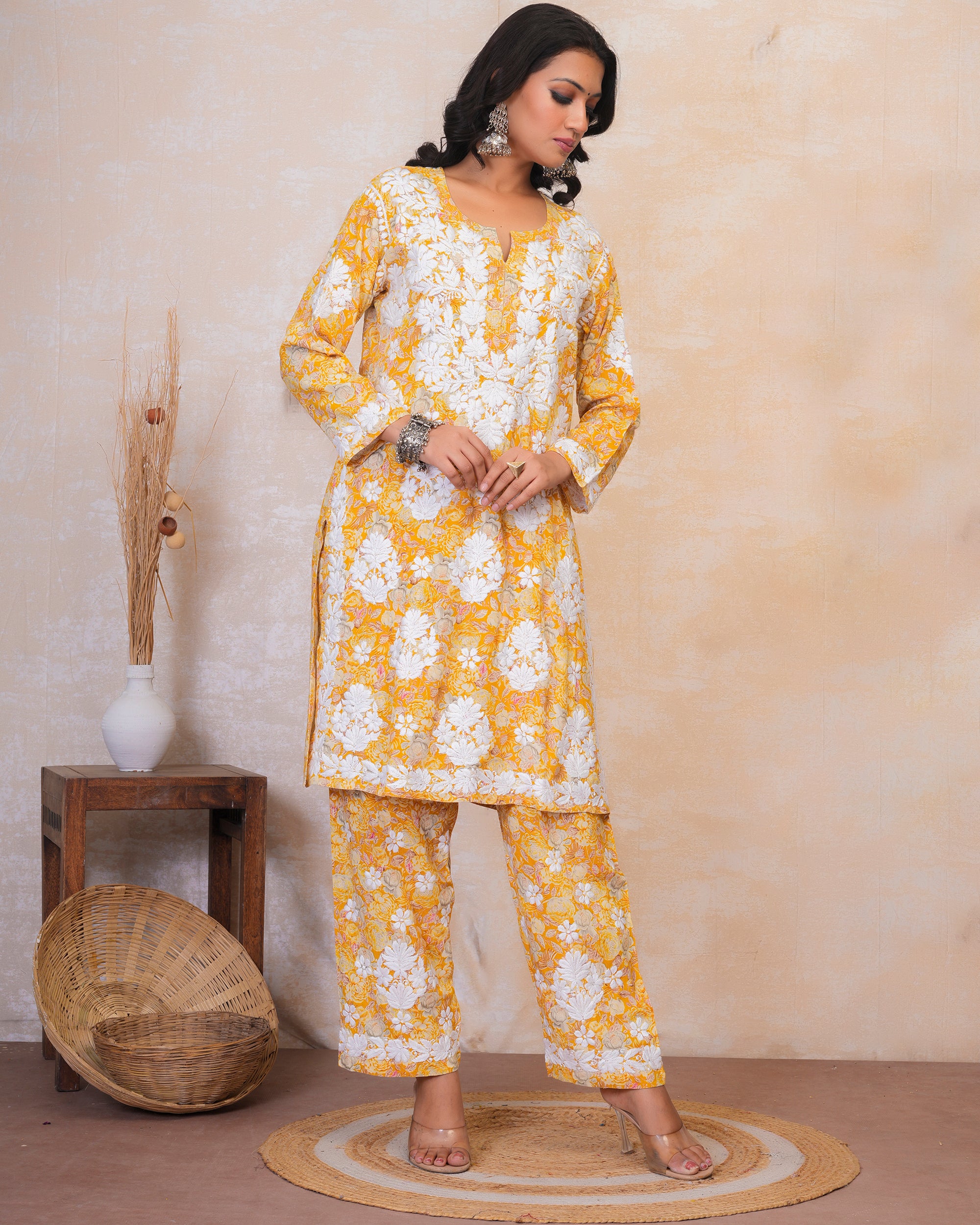 Chikankari Kurta Set in Rayon Cotton - Mustard