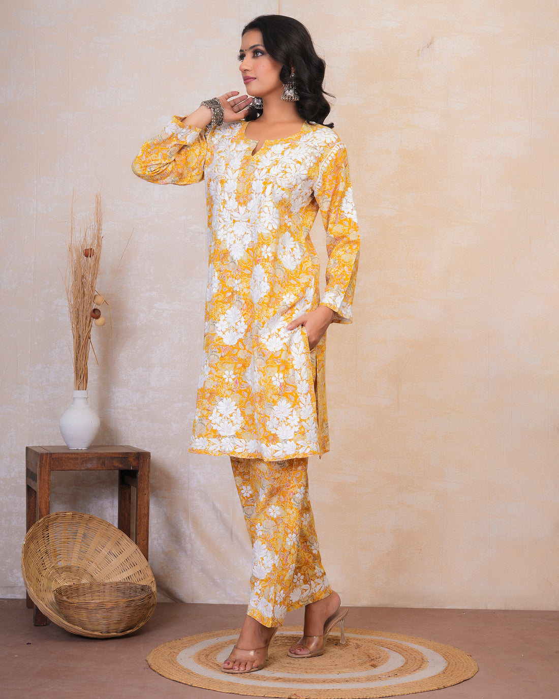 Chikankari Kurta Set in Rayon Cotton - Mustard