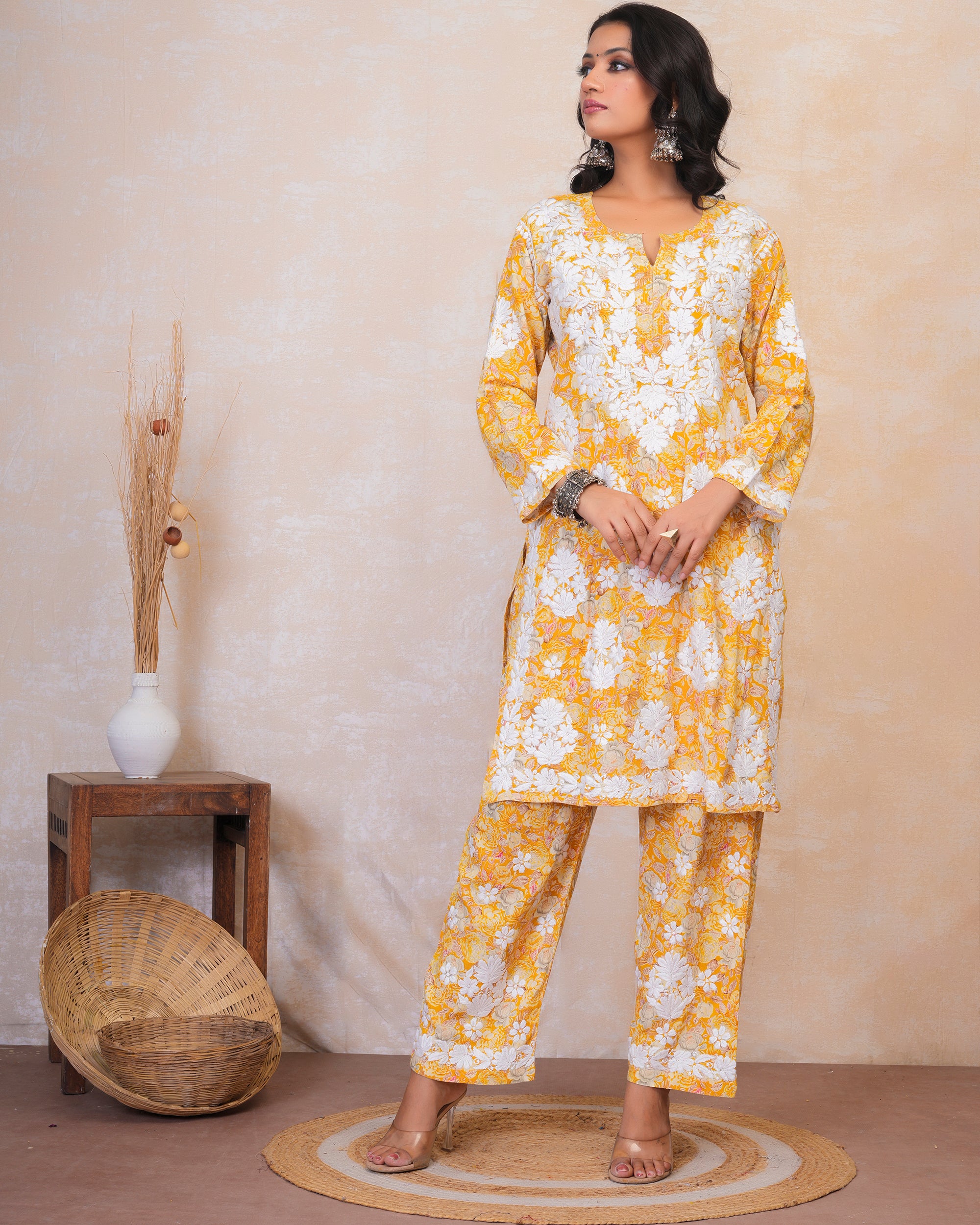 Chikankari Kurta Set in Rayon Cotton - Mustard