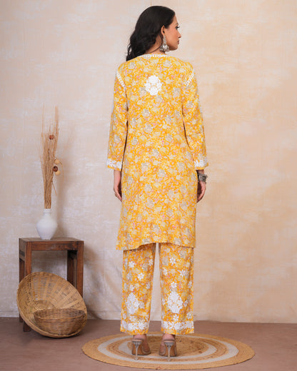 Chikankari Kurta Set in Rayon Cotton - Mustard