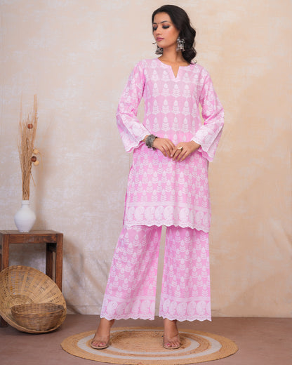 Chikankari Kurta Set in Rayon Cotton - Pink