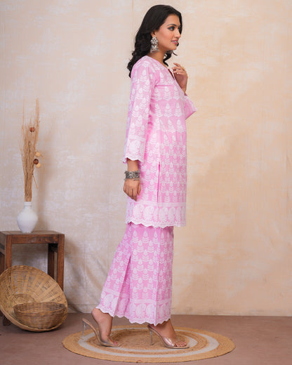 Chikankari Kurta Set in Rayon Cotton - Pink