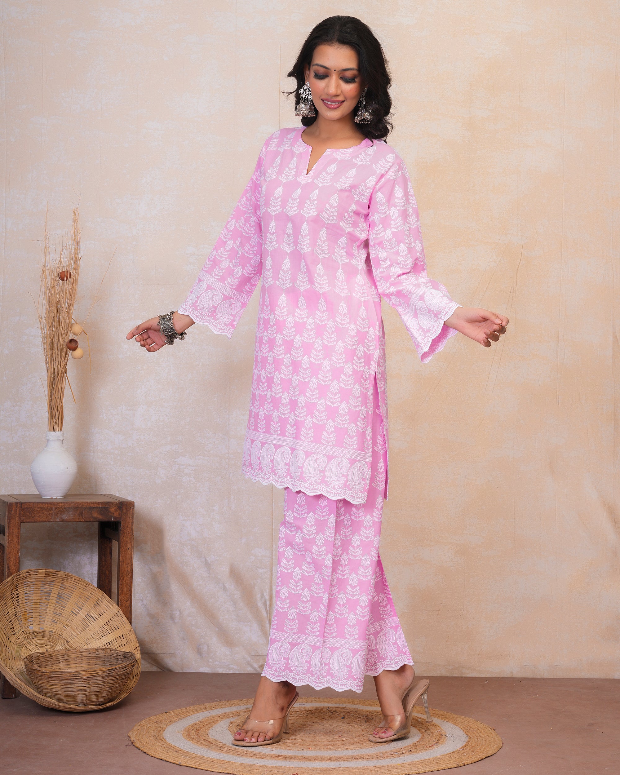 Chikankari Kurta Set in Rayon Cotton - Pink